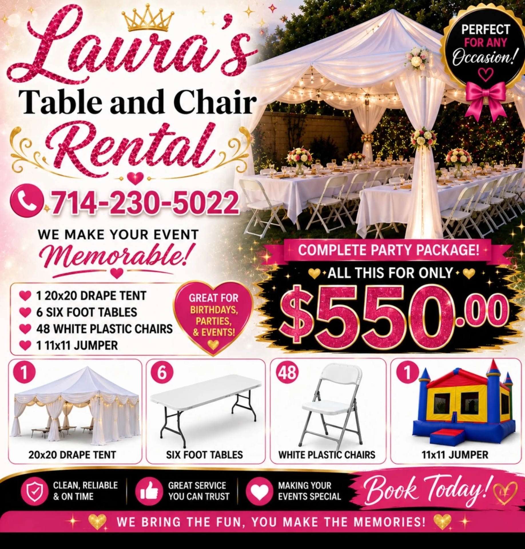 comes with plastic chairs, tables and color of your choice on drapes